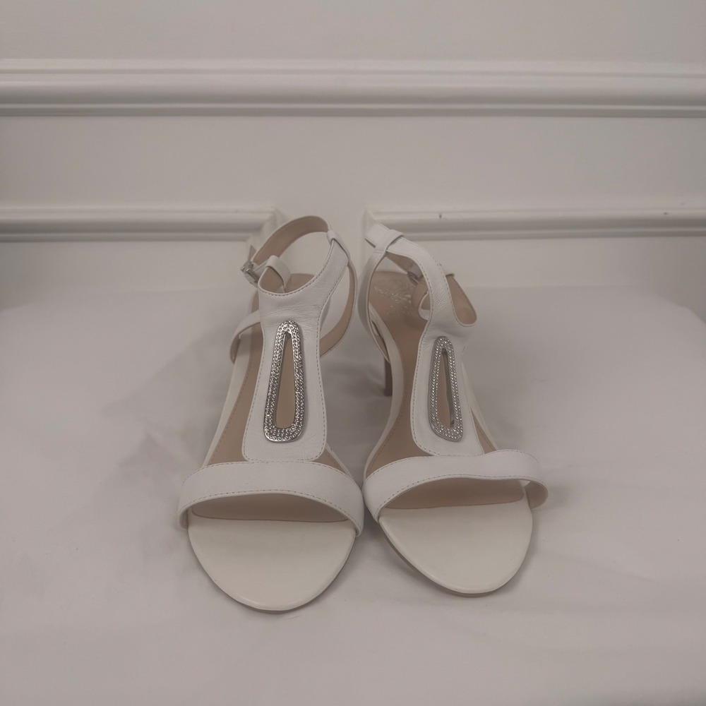 Vince Camuto Manita White Leather Rhinestone T-Strap Kitten Heels 11W 41